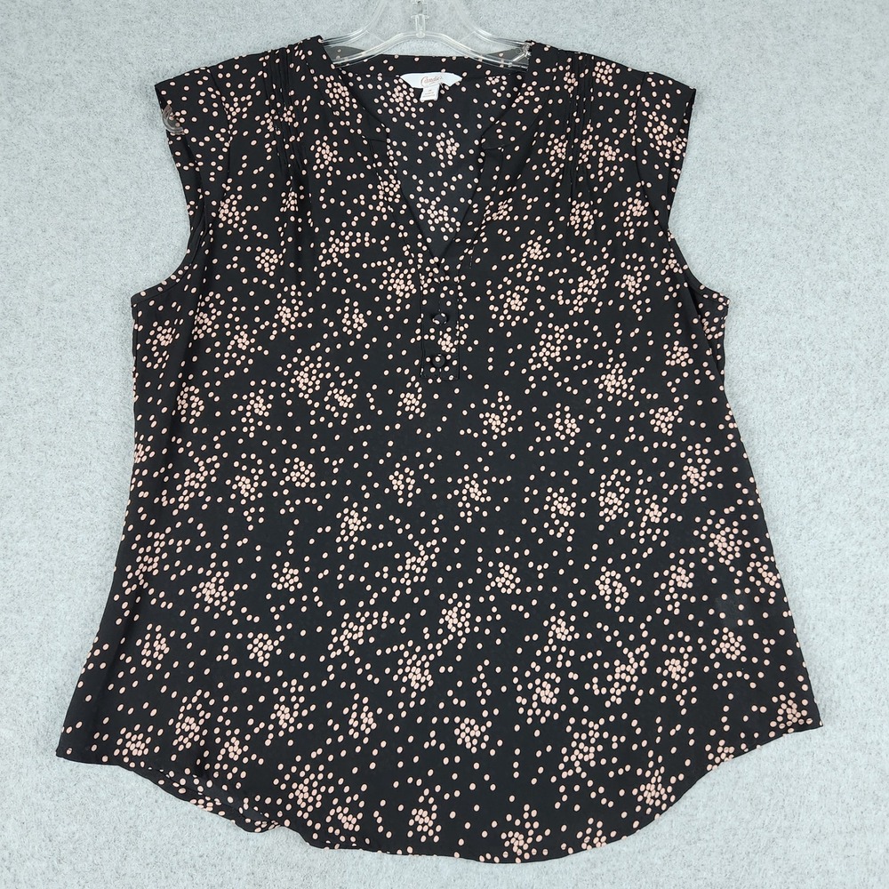 Candie's Blouse Top Womens Medium Black Pink Polka Dot Split Neck Sleeveless
